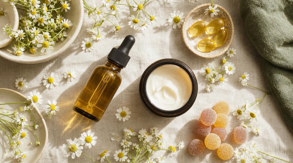 Aceite con gotero, crema, cápsulas y gomitas sobre lino